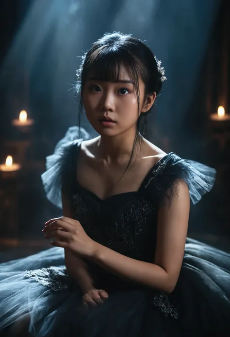 UHD, 8k, ultra detailed, an Asian girl ， a cinematic photograph of Dark Fantasy Art, a girl with Tulle skirt,making eye contact,  moody, dark fantasy style, beautiful lighting, great composition