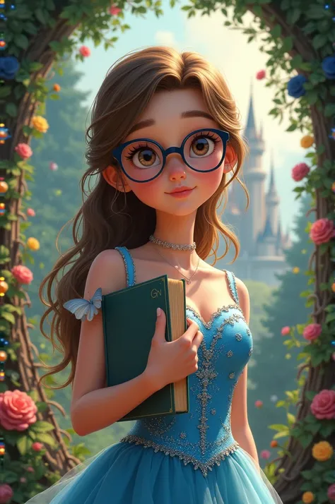 looking at camera, girl in style of Disney princess aurora, light brown hair, wearing glasses, beautiful blue glitter dress, books in one hand, in background fairy tale forest with big palace and thorns with roses, Butterflies, semi-realism art