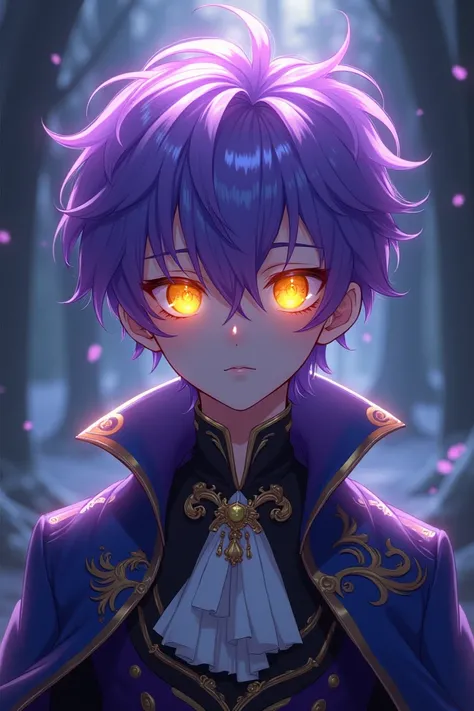 An anime boy with Ghostly Purple colored hair and Blazing Yellow eyes wearing a prince clothing.