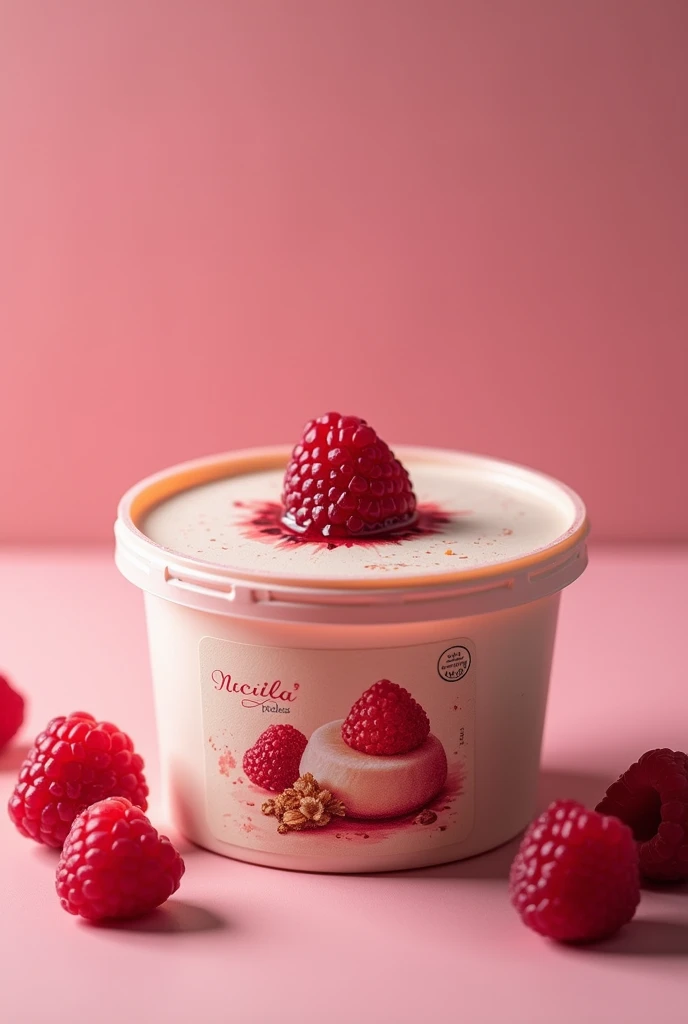 Design d’un pot pour un dessert glacé français, mettant en vedette une framboise enrobée de crème lisse à la noisette. Le pot est circulaire avec un design moderne et séduisant, respectant les codes visuels de Nocilla : rouge vif comme couleur principale, ...