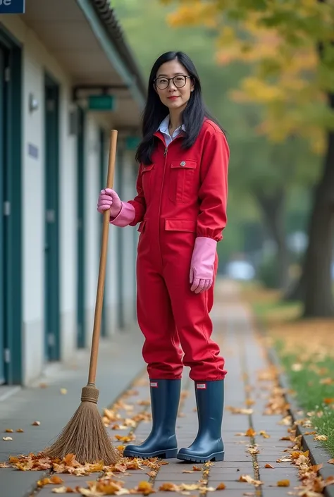 黒髪の, ネイビーのゴム長靴と赤いジャンプスーツを着た眼鏡をかけた成熟した日本人女性が、公園のトイレの前でピンクの手袋をはめてほうきで落ち葉を掃除している。.