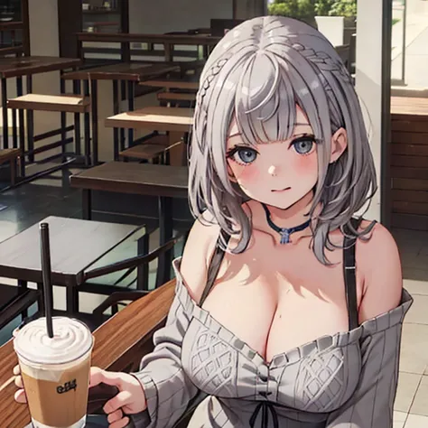  best quality,cute、Confused face、Inside the cafe、 sitting、Perfect means、Big Breasts、3✕3の目、 dark eyes、Grey Hair、((( cleavage)))、(((long cleavage 1;6)))、