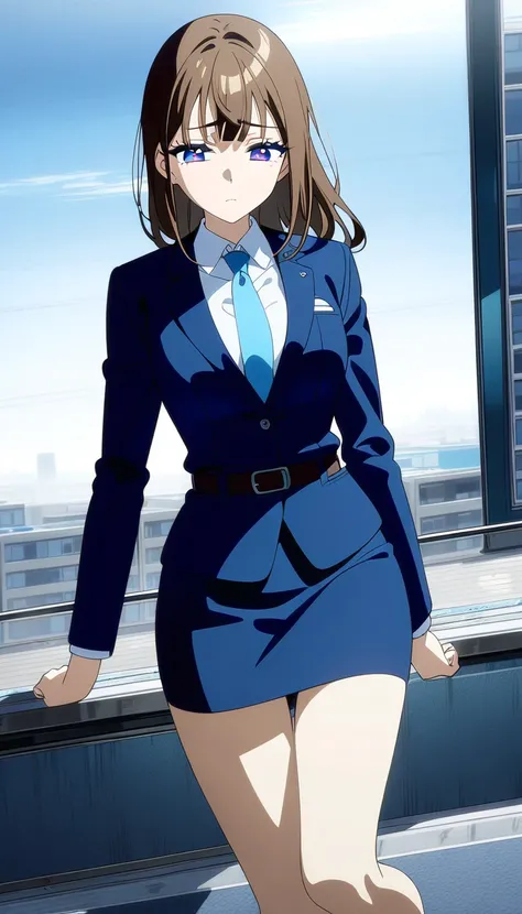  black tights、Brown Hair、Middle hair、bangs、 sad face、 Teal Eyelids、 Full Body Style 、Normal milk、 narrow waist 、Bare legs、 in a suit、 navy blue jacket , collared shirt 、 white shirt、 blue tie,belt,navy blue mini pencil skirt, black tights、White pumps、Anime...