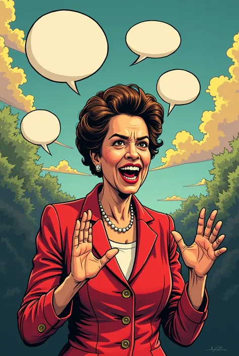 Dilma Rouself talking with her speec, with comics features