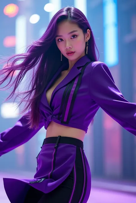  kpop MV With purple clothes and  hair is purple With purple skirt, purple blouse with black stripes, black pants with purple stripes