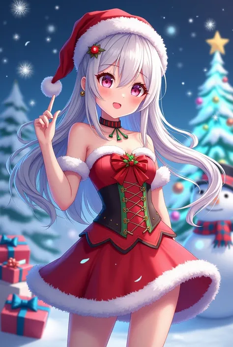 asian girl 18 years, A festive anime-inspired female character with long, flowing white hair, wearing a vibrant Christmas-themed outfit. The outfit includes a red and white fur-trimmed corset dress with green accents, a red ribbon bow, and a Santa hat ador...