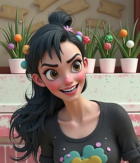 Vanelope from the movie Wreck-It Ralf, pixar style, Black hair tied up with a bun, candy in the hair, , Pink Caramel Paramo.