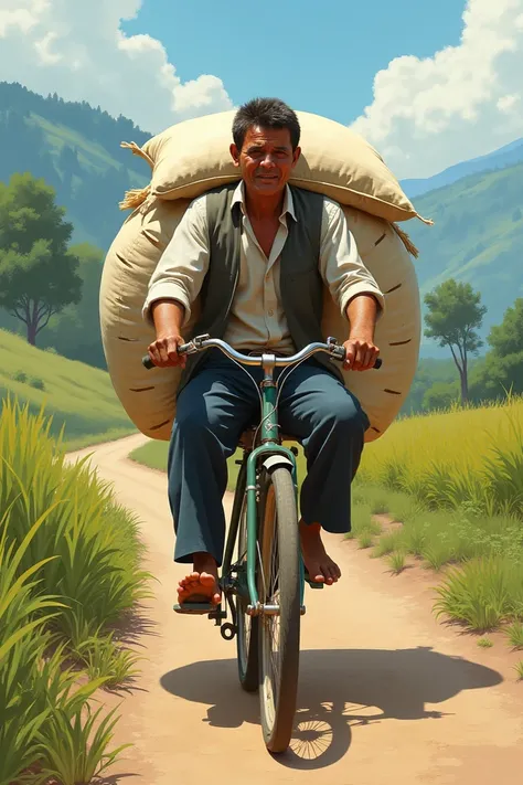 A man in a passenger sit on the bike with a bag of rice