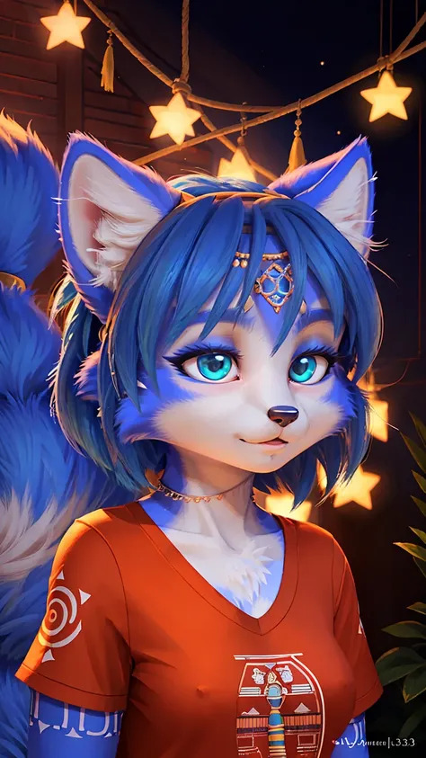 A portrait of  ((krystal)), Star Fox-Krystal, lovable, green eyes, ((( long blue hair 1 .3))), Decollete, anthro, Fuzzy,  detailed Fluffys fell, Detailed face, (Fluffy),  1 girl, ultra cute face , Red elements on fur,  glowing t-shirt ,  Nice lights and sh...