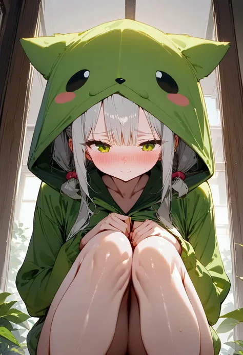 an anime kawaii girl, wearing cute green animal hoodie, cover head, white hair, shy, blush, front view, knees down, over look, beautiful, masterpiece, best quality, ultra mega Oppai size nude, 