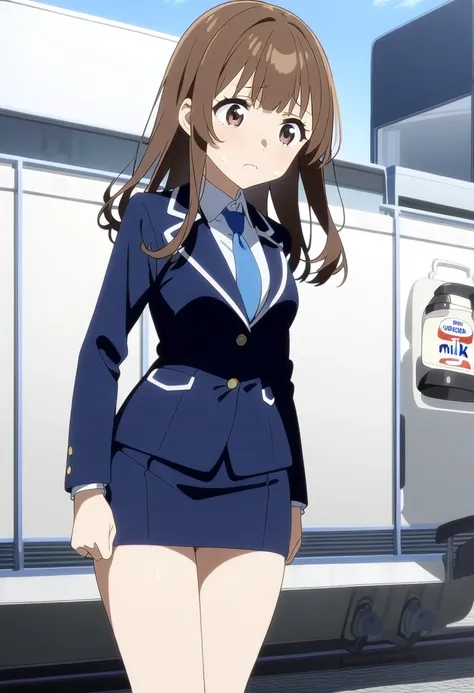 Mahoko Mochida、Brown Hair、Middle hair、bangs、 sad face、Brown Eyes 、 Full Body Style 、Normal milk、 narrow waist 、Bare legs、 in a suit、 navy blue jacket , collared shirt 、 white shirt、 blue tie,belt,navy blue mini pencil skirt, black tights、White pumps、Anime ...