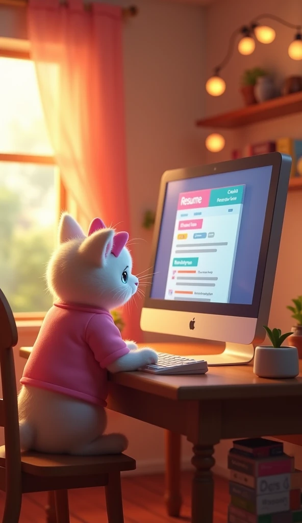 Create a cozy, warm-lit scene featuring a computer on a wooden desk. On the screen, display a colorful resume for a  cat named Chubby White Kitty, dressed in a cute pink outfit with a bow. Include a playful, whimsical background with soft, glowing lights a...