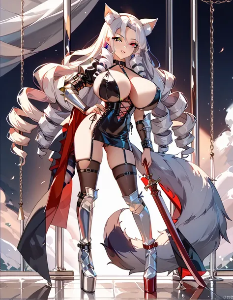  high image quality、 High Quality 、 petite girl、 twin drill、Wolf ears、 Wolfs Tail、Greaves、Platform boots、Villainess、villain、princess、Sharp Eye、Big Breasts、Mistress、 leather bondage dress、