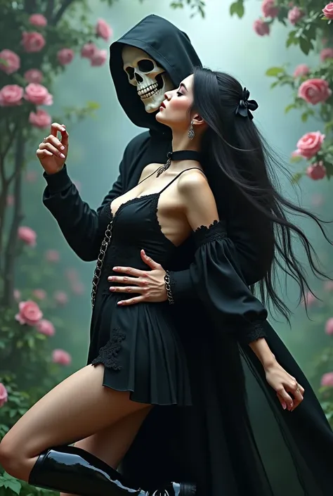 two people dancing  ,  mans hooded skeleton face , short black jacket ,  black shirt black pants , Puma dancing black sneakers. gothic woman,  eyes closed , beautiful legs, Long, high boots,  big boobs, gothic costume,  black hair, long with bow and braid ...