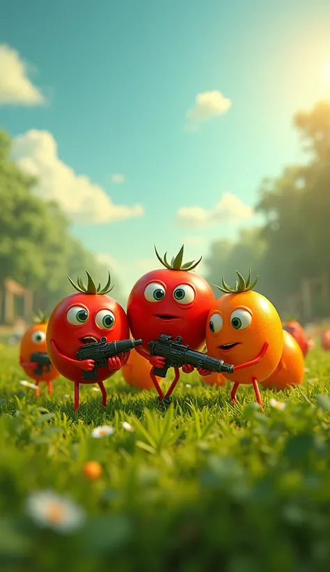 A sunny day in a lush, green field. Tomatoes and oranges of all shapes and sizes are gathering. Theyre animated, with eyes, arms, and legs. Each one is holding a tiny laser gun.