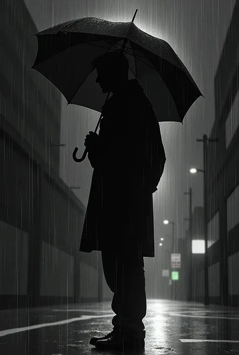 A man wetting in the rain and holding a umbrella  at night, black and white, manga style ,in anime style 