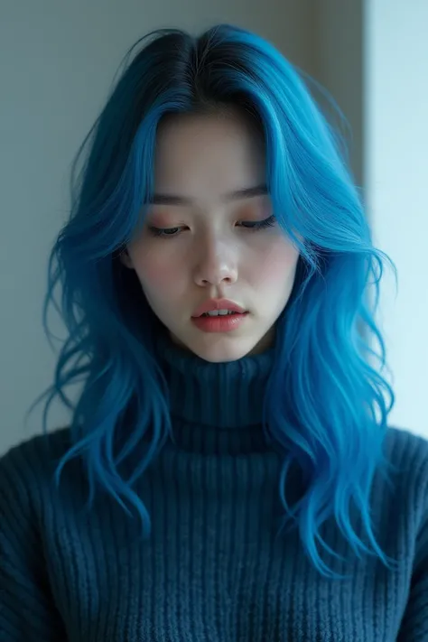 Blue hair girl wear turtleneck