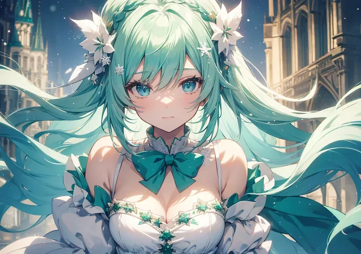 A beautiful girl with soft mint green hair. In the background is Notre Dame Cathedral decorated with Christmas lights. Her face has a gentle expression and is fluffy and anime styled. Her dress is a pale blue and silver color with snowflake accents