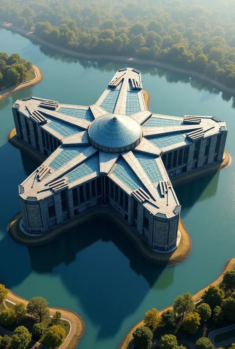 The headquarters of the EU armed forces is a modern building made of glass and stone .  It is shaped like a 6-pointed starry fortress with 6 bastions and a moat around it