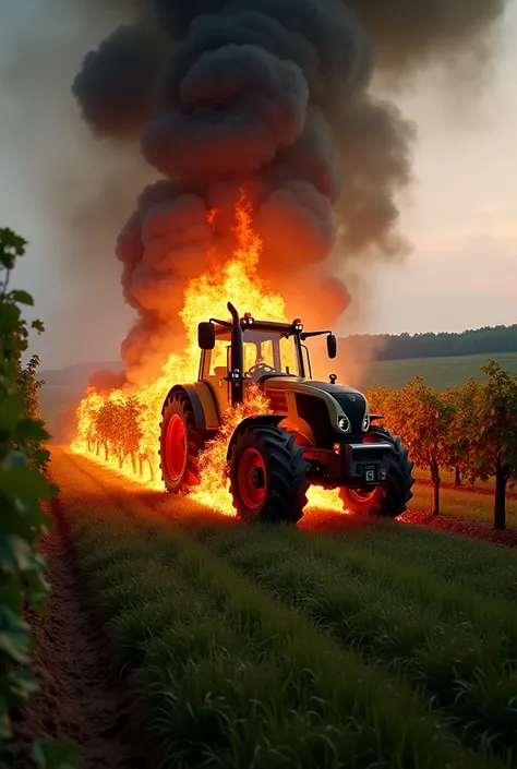 Burning Claas Nexos tractor in the vineyard