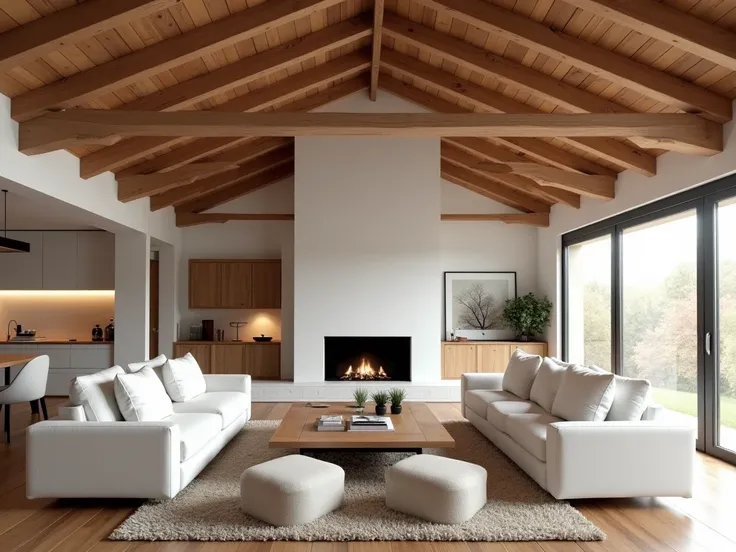 Vaulted ceiling in room with two white sofas and armchairs. Interior design of modern living room with timber beams.