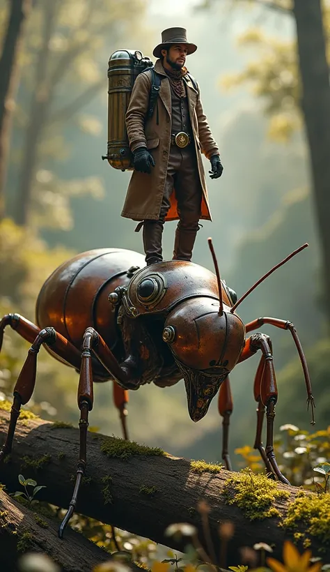 A steampunk adventurer with binoculars and a jetpack, standing on a giant shiny ant, crawling over a moss-covered log, precise metallic reflections, warm natural lighting, highly detailed