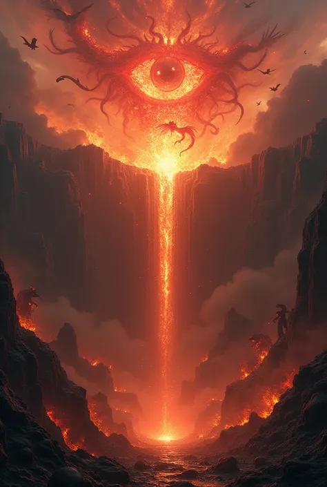 A mining square pit of many layers five miles wide. There are hundreds of demons and fire and snakes and burning bodies on every layer of the pit.. There is a bright all SEEING eye in the bottom of the pit surrounded by red DEMONS and fire. There are red b...