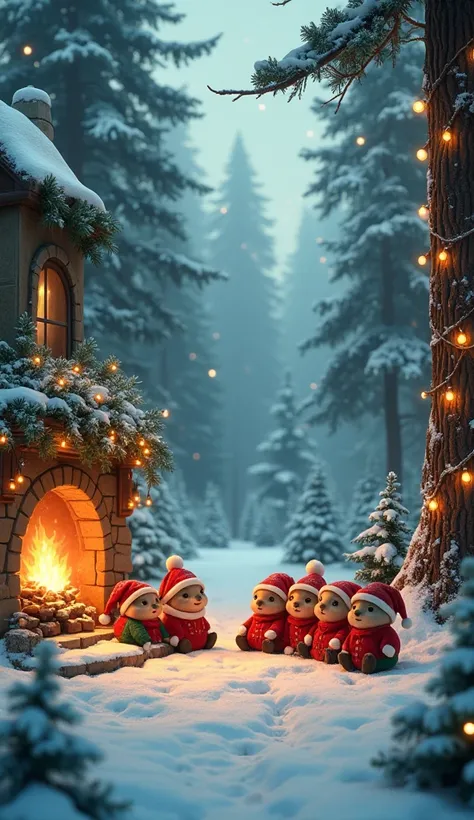 ((((Beautiful forest.))) , (((Realistic plants))), small small animals are wearing Santas clothes. Marmots are warming themselves by the fireplace. Realistic forest. Small animals wearing clothes. Christmas lights on the tree. Winter season. Christmas styl...