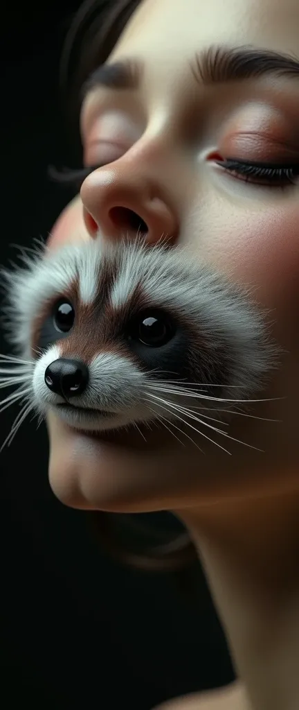 A 3D render of a surreal portrait of a womans lips. The lips are adorned with the fur of a cute, extra fluffy baby realistic raccoon. The natural color palette and high detail create an eerie beauty. The image is set against a black background, evoking a s...