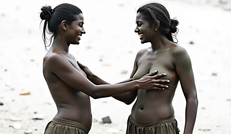 Two Indian women are trapped in the middle of a garbage dump, dressed in underwear and covered in grey mud. The woman on the left is wiping mud off the back of the woman on the right, who is laughing playfully.