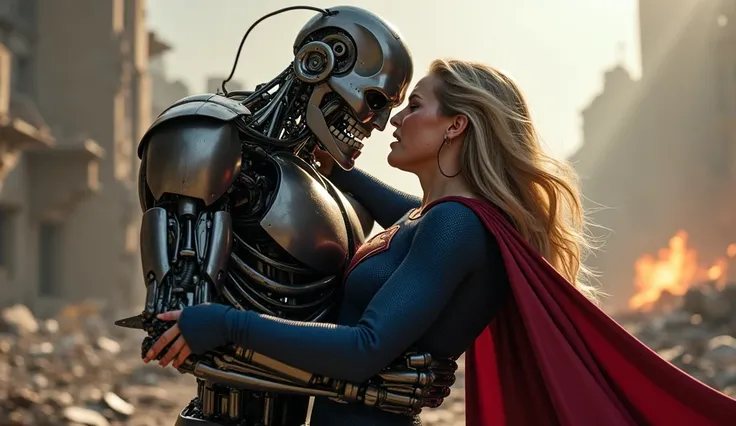    image prompt of Terminator graping supergirl from the neck she is weak and very crying tears in eyes sad face expression in the battle zone 4k urta defination high details 
