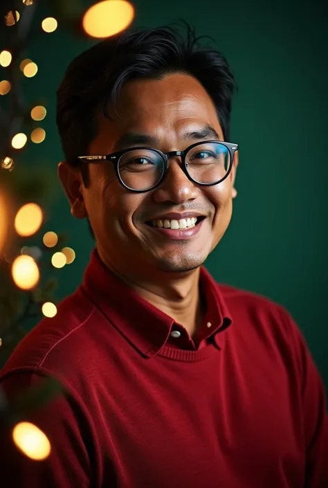 39-year-old Indonesian man, round face, glasses, no beard. thick smile, brown skin, wearing white Christmas-themed clothes. 3d photo, photography with good lighting, side light, back light dark green background, good details photographed with hasselblad ca...