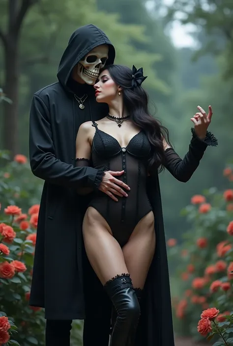 two people dancing  ,  mans hooded skeleton face , short black jacket ,  black shirt black pants , Puma dancing black sneakers. gothic woman,  eyes closed , beautiful legs, Long, high boots,  big boobs, gothic costume,  black hair, long with bow and braid ...