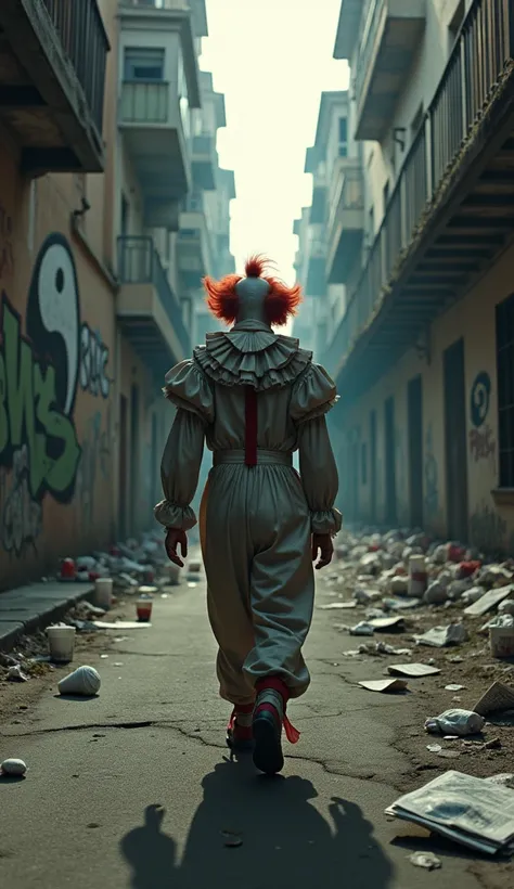 " A creepy clown seen from behind ,  walking slowly down a deserted street at noon , When the light is soft , neither dark nor light.  The atmosphere is oppressive ,  with the clown terrorizing the surrounding city .  On the wall on the left ,  a graffiti ...