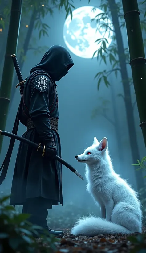 A captivating scene featuring a Ninja and a white ghost fox facing each other in a moonlit bamboo forest. The Ninja, cloaked in sleek black robes with glowing spectral accents, holds a katana etched with ghostly runes, while throwing stars glint at his sid...