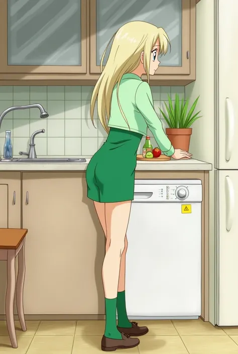 {{{mouri ran}}},{{{Detective Conan}}},{{{long hair}}},{{{official style}}},{{{adult}}},green dress,one-piece dress,turtleneck,green mini tightskirt, {light green cropped short jacket},green socks,loafers、sink,laundry,kitchen,bringing upper body to the sink...