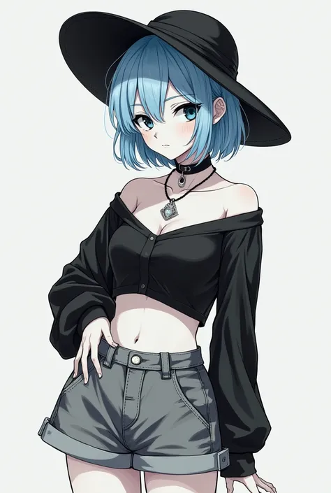 black hat,  very light ,  light blue short hair , Chic,  lifeless eyes ,  black eyes,  black crop top ,  black long sleeve off-shoulder ,  white skin in gray shorts, japan, anime , Cool , sexy,  cute , pretty, female, Hand drawing,  pencil drawing ,  disti...