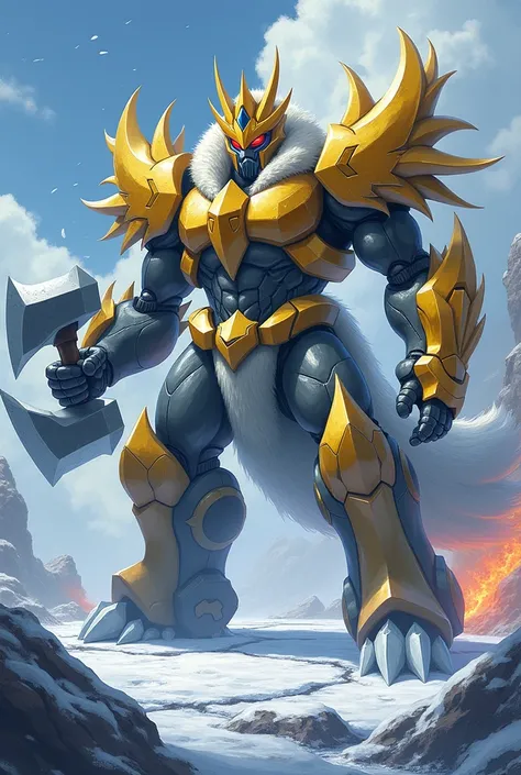 A highly detailed, realistic Digimon combining WarGreymon and Vikemon. The Digimon has a towering, muscular build, with WarGreymons golden armor covering its upper body, enhanced with Vikemons fur-lined accents on the shoulders and arms. Its claws are shar...