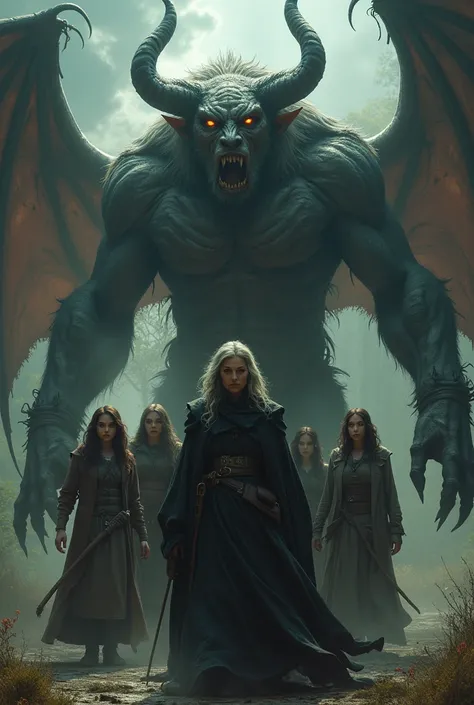  Create a Witch alongside a large horned and hypertrophied demon and four young people between 20 and 25 years old, two women and two men facing the witch and the demon  