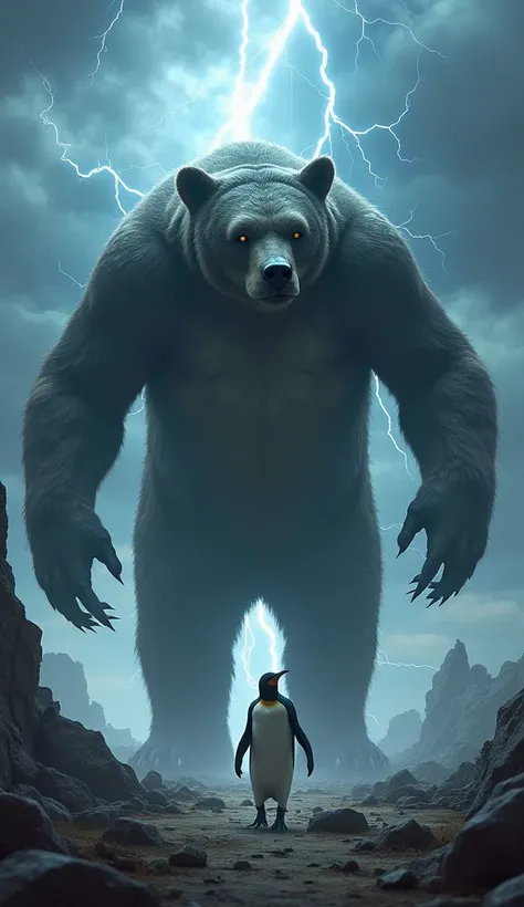 The (urso1) and the (pinguim 2) turn into a giant monster and the giant monster walks forward and lighting strikes in the background