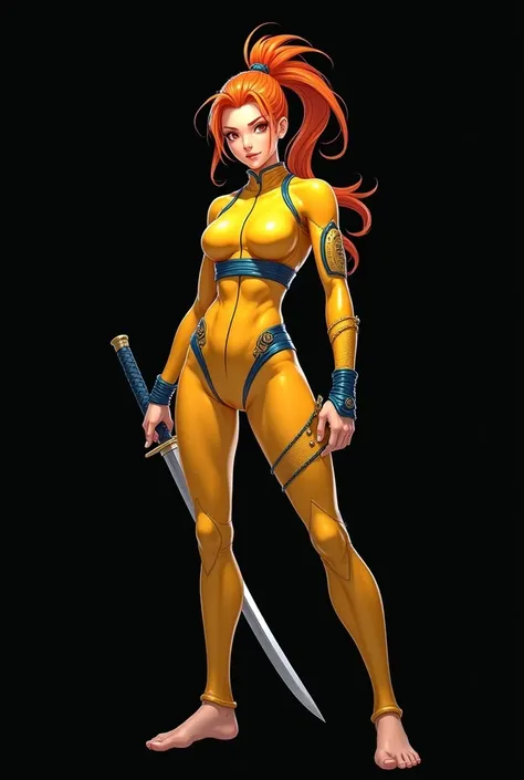  A very realistic full body illustration of a muscular young woman,  orange hair with a  " Ponytail".  She has a samurai style , dressed in a tight long-sleeved bodysuit made of yellow-dyed leather with blue details, She walks barefoot. He wears a katana ....