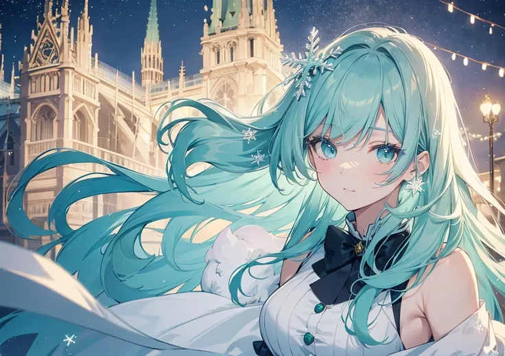 A beautiful girl with soft mint green hair. In the background is Notre Dame Cathedral decorated with Christmas lights. Her face has a gentle expression and is fluffy and anime styled. Her dress is a pale blue and silver color with snowflake accents