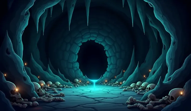  image for a cartoon story YouTube video in the style of Disney, in Pixar format : Grooms lair :  The Dark Cave,  in which bones and skulls are scattered .  There is a black obsidian cell in the center of the cave, , which contains a source of magic .