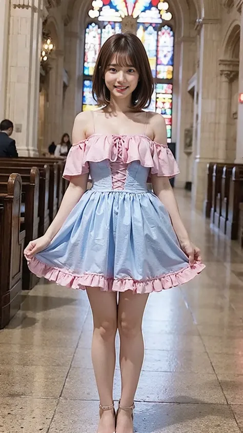 (8k、   RAW photos  、   best quality、    masterpieces in the background  :1.2)、( realistic 、 realistic )、1 person、((Pink and light blue、smile、 see-through、 off shoulder、 dress、 Long Skirt 、Frills、ribbon、 corset、church、Thin legs、whole body、 standing facing y...