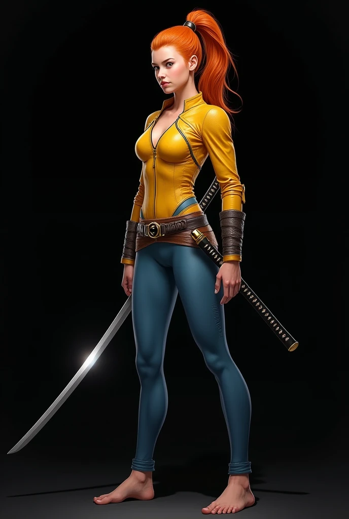  A very realistic full body illustration of a muscular young woman,  orange hair with a  " Ponytail".  She has a samurai style ,  dressed in a tight long-sleeved bodysuit made of yellow-dyed leather, blue nylon tights , She walks barefoot. He wears a katan...