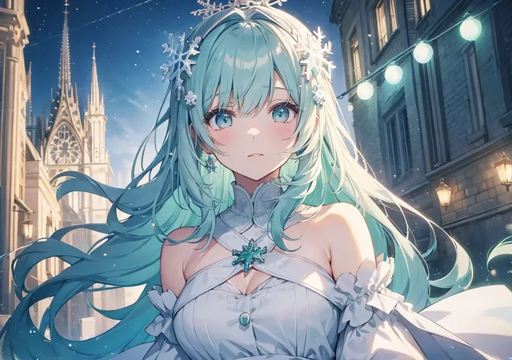 A beautiful girl with soft mint green hair. In the background is Notre Dame Cathedral decorated with Christmas lights. Her face has a gentle expression and is fluffy and anime styled. Her dress is a pale blue and silver color with snowflake accents