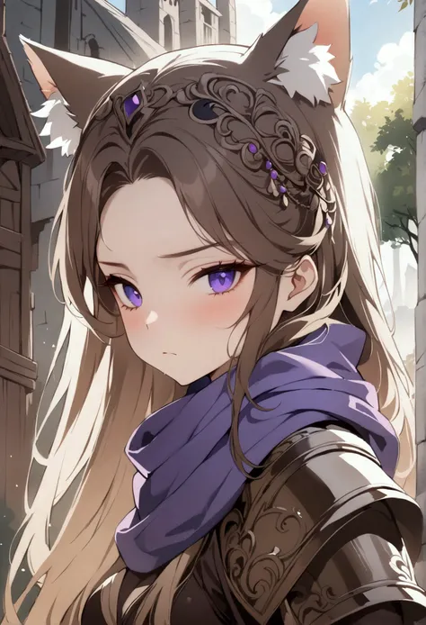 (1girl, Masterpiece, best quality) A young cat-woman female with (long length brown hair). brown cat ears with white fur. Neutral, sligthly serious expression. (medieval-style dark brown and purple full-covered leather armor). She has purple eyes. She has ...