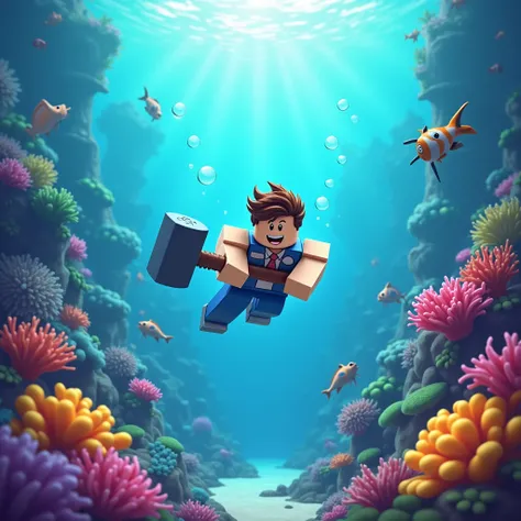 Draw a roblox character holding a Hammer And diving in a aquatic ocean with lots of coral And marine life