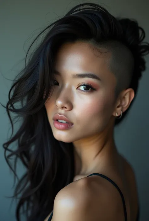 Thai woman with long hair on her sides shaved 