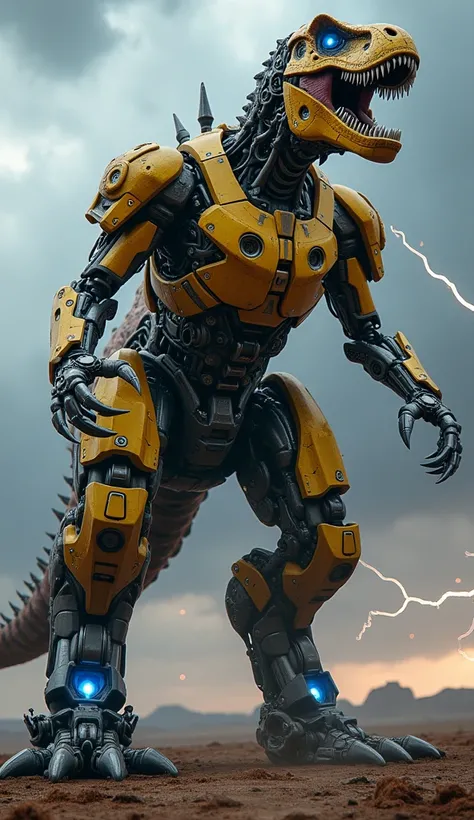 An ultra-realistic depiction of a hybrid creature that fuses the characteristics of a Transformers-style robot and a Tyrannosaurus Rex. The being is a colossal mechanical-dinosaur hybrid, standing upright with a powerful metallic frame. Its head resembles ...